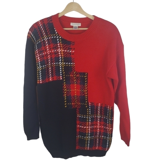 Vintage Picone Sport Sweater Womens Small Red‎ Black Plaid Tunic Shoulder Pads - Picture 1 of 8